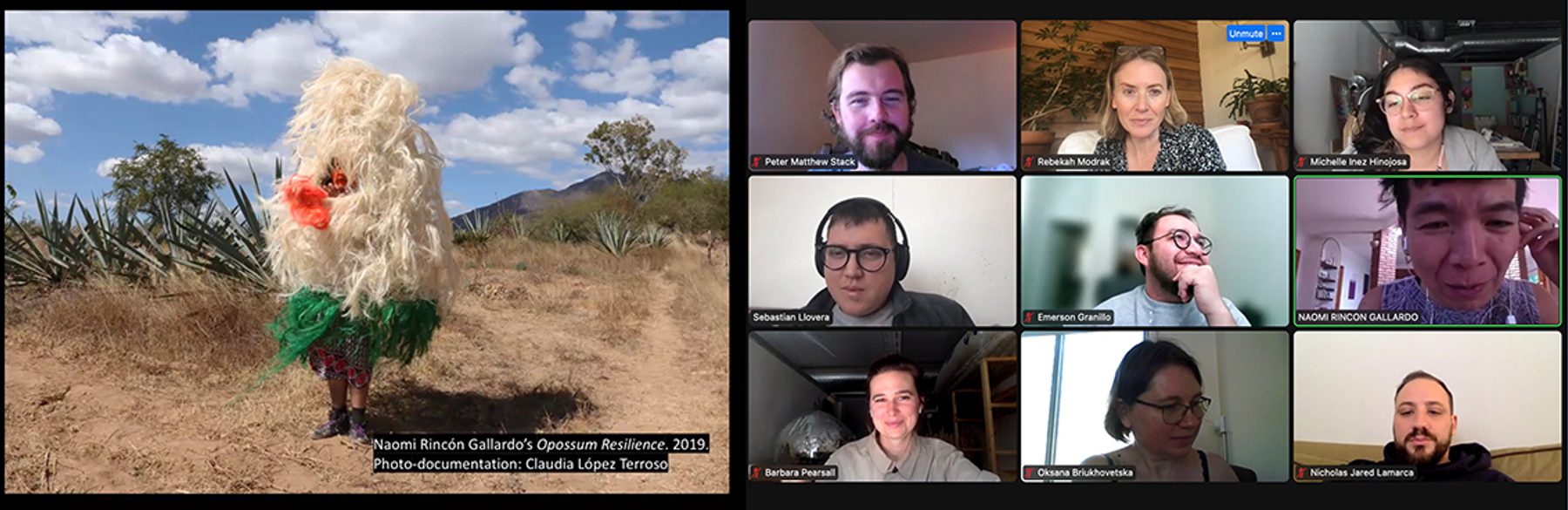 In a Zoom screenshot, Naomi Rincon Gallardo shares her work titled Opossum Resilience in a meeting with MFA students and Rebekah Modrak.