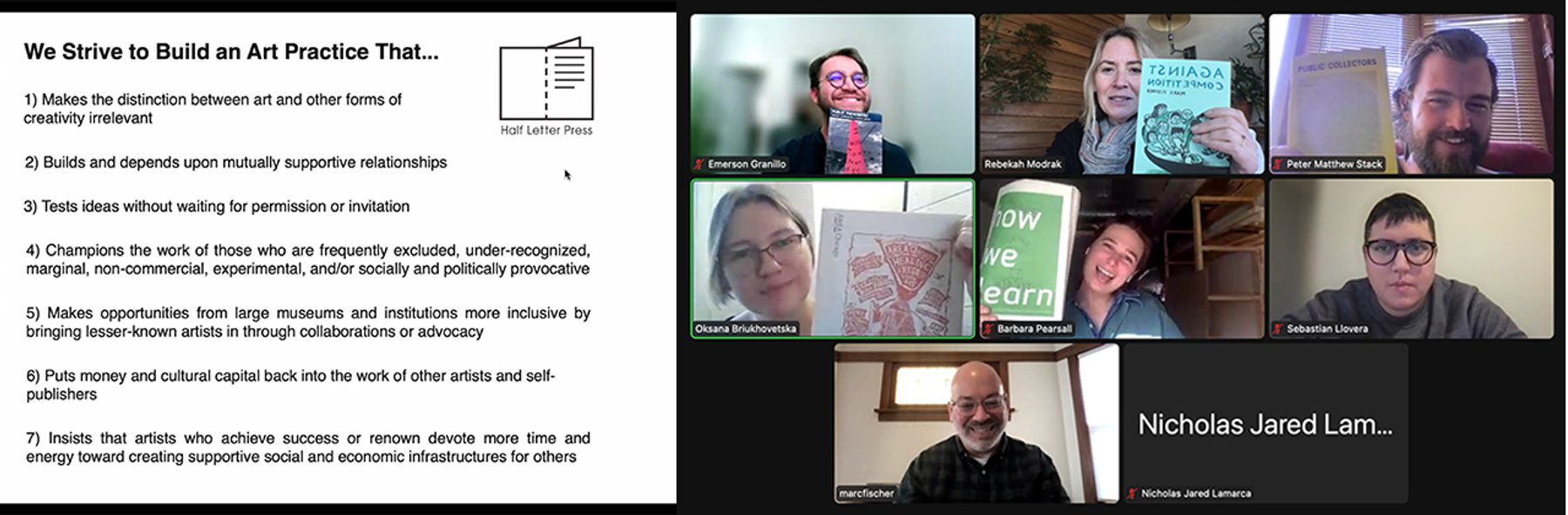 A Zoom meeting screenshot shows Marc Fisher sharing a powerpoint with text about sustainable practices. Each MFA student pictured holds up a book.