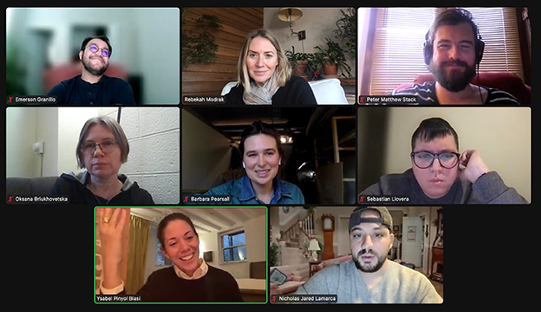 A Zoom meeting screenshot features MFA students, Rebekah Modrak, and speaker Ysabel Pinyol Blasi.