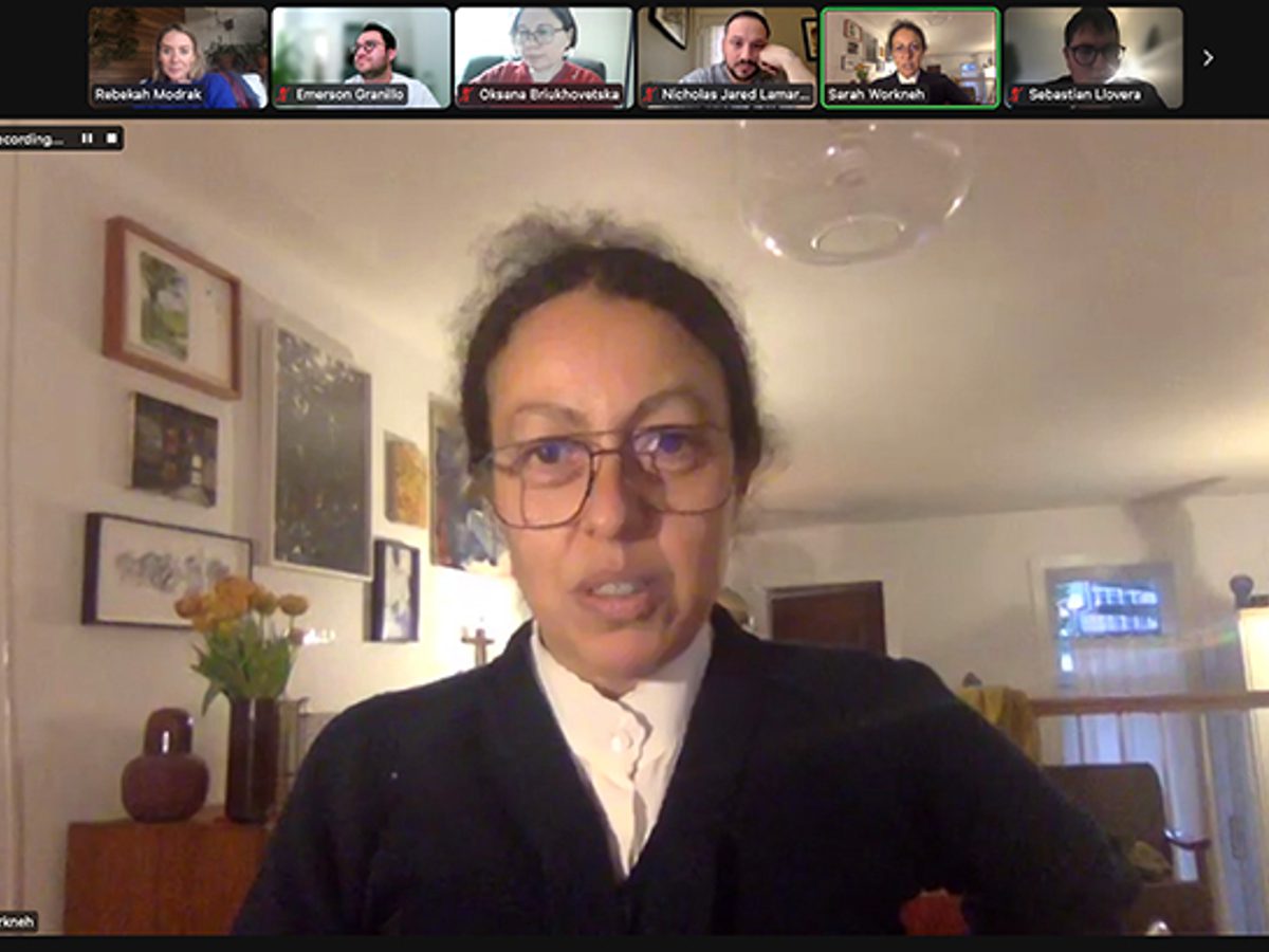 Zoom meeting screenshot of speaker Sarah Workneh with Rebekah Modrak and MFA participants.