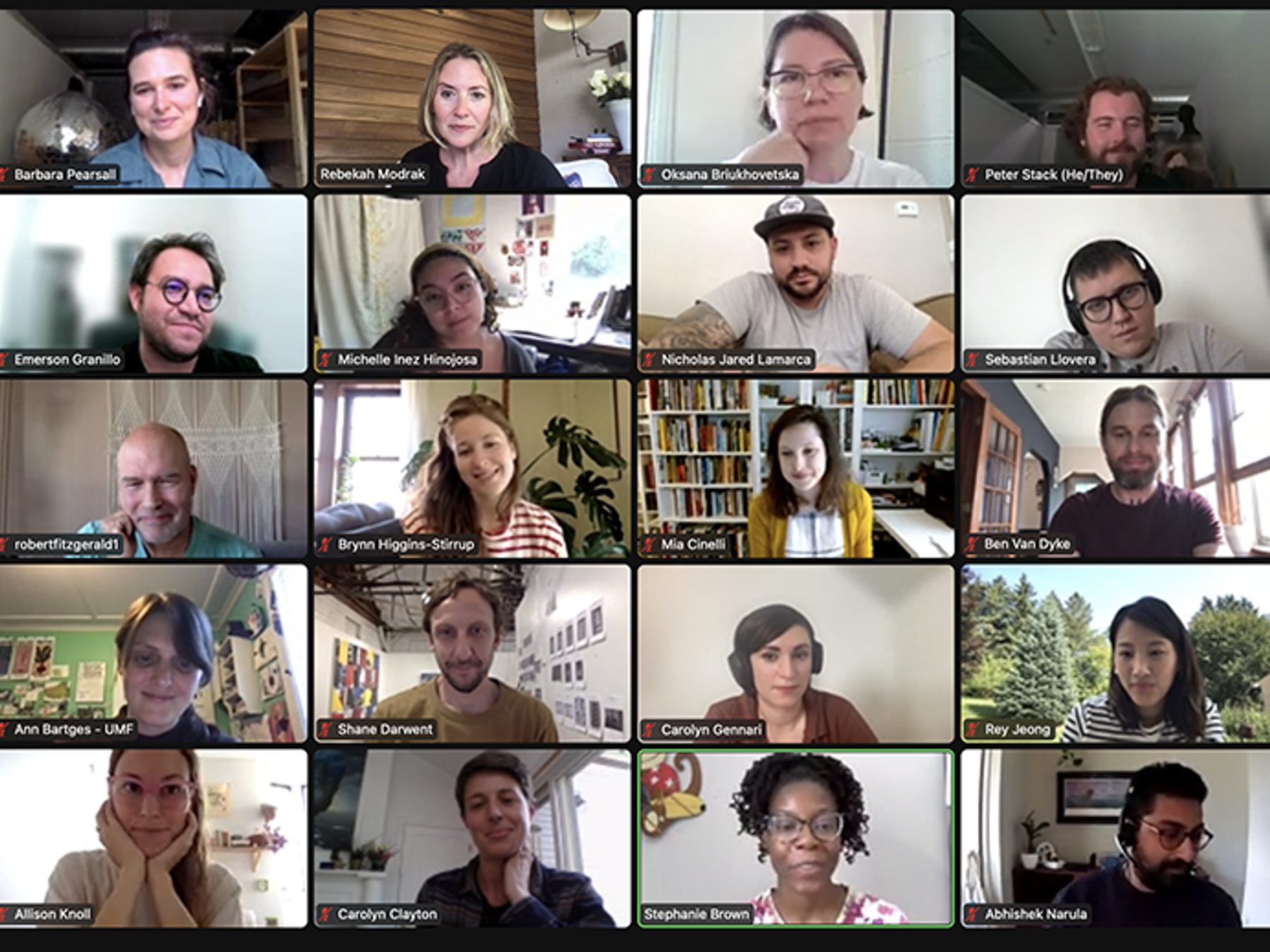 Zoom meeting screenshot of 20 participants including Stamps alumni panel, MFA students, and Rebekah Modrak
