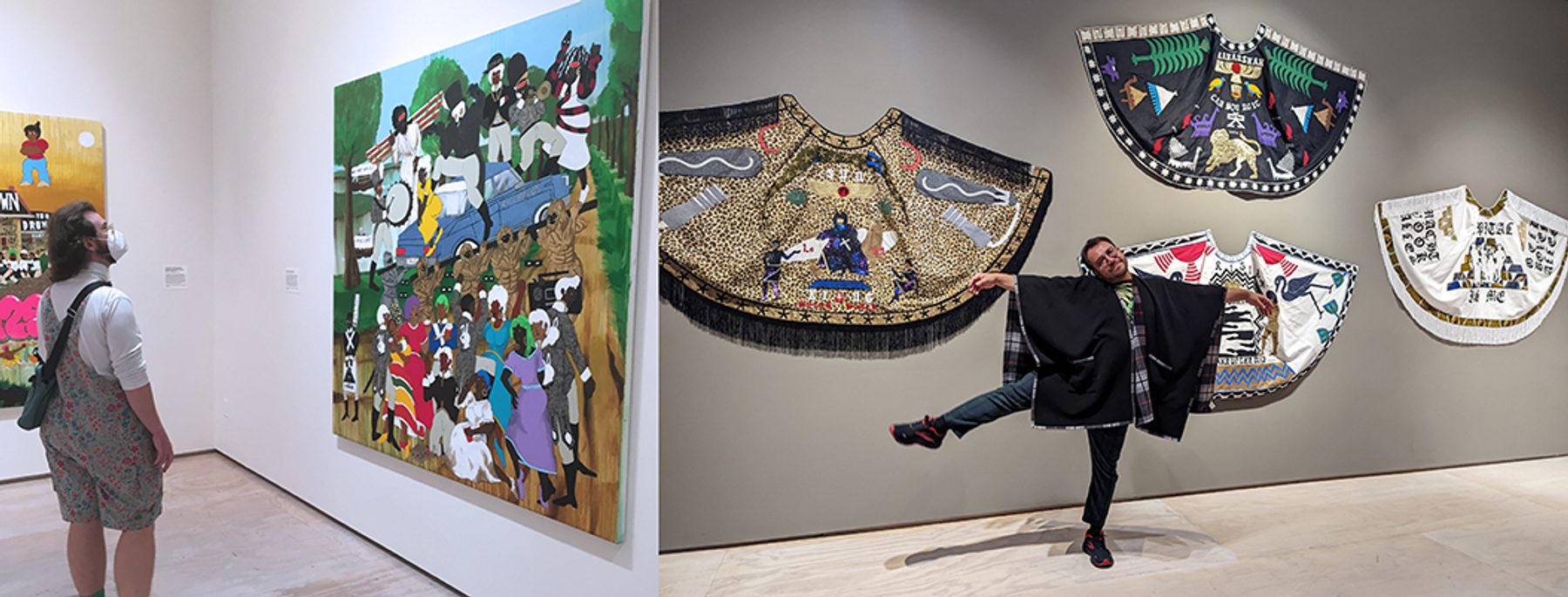 MFA students observe and pose next to PS1 exhibit artwork.