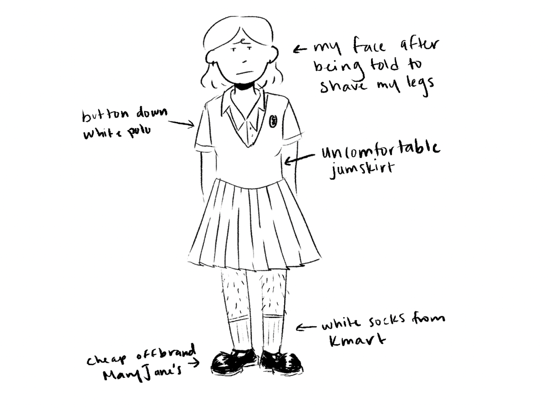 An illustration from Hating Being a Girl shows an unhappy figure in a Catholic school uniform