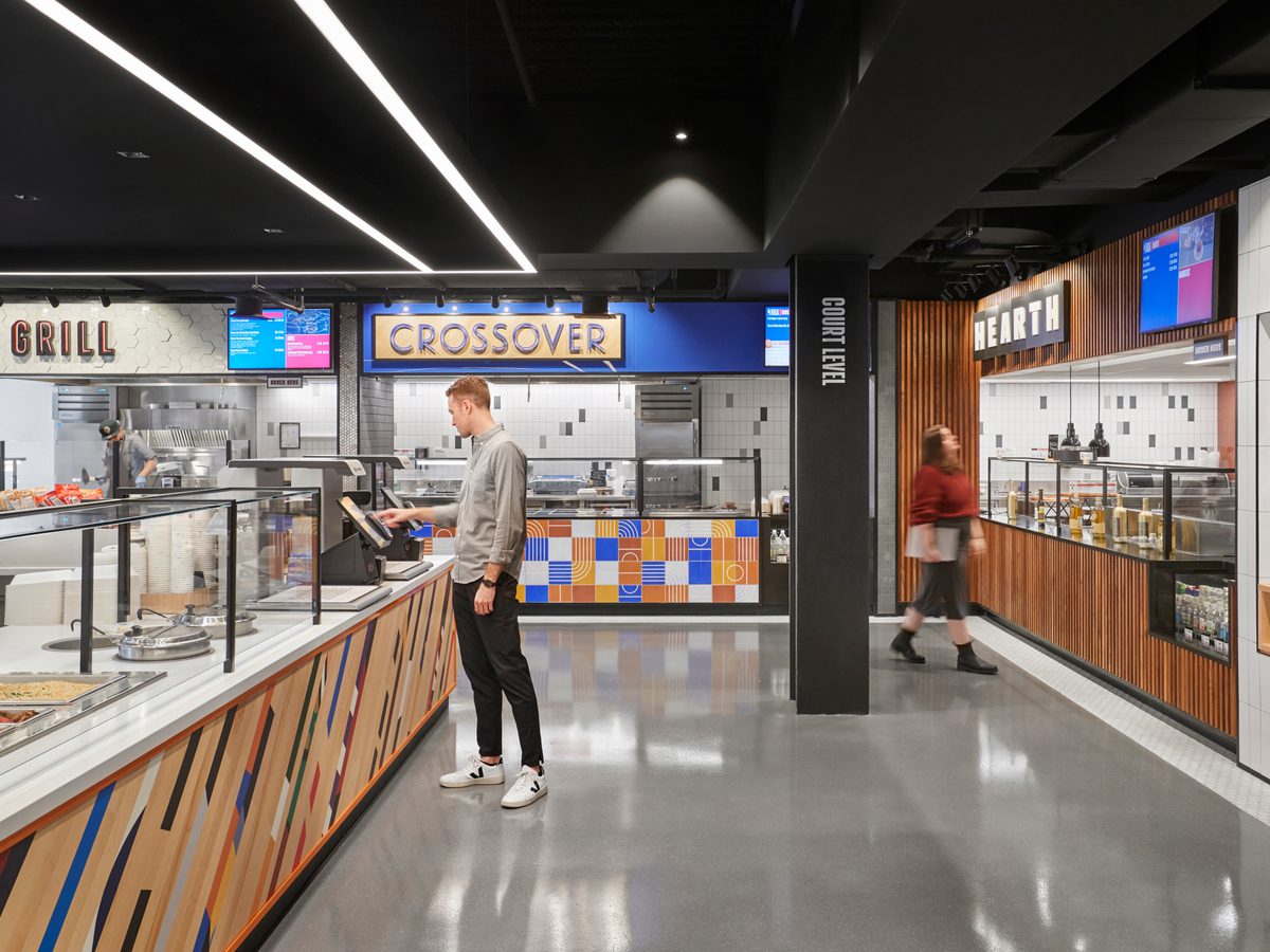 Cafeteria that incorporates NBA branding.