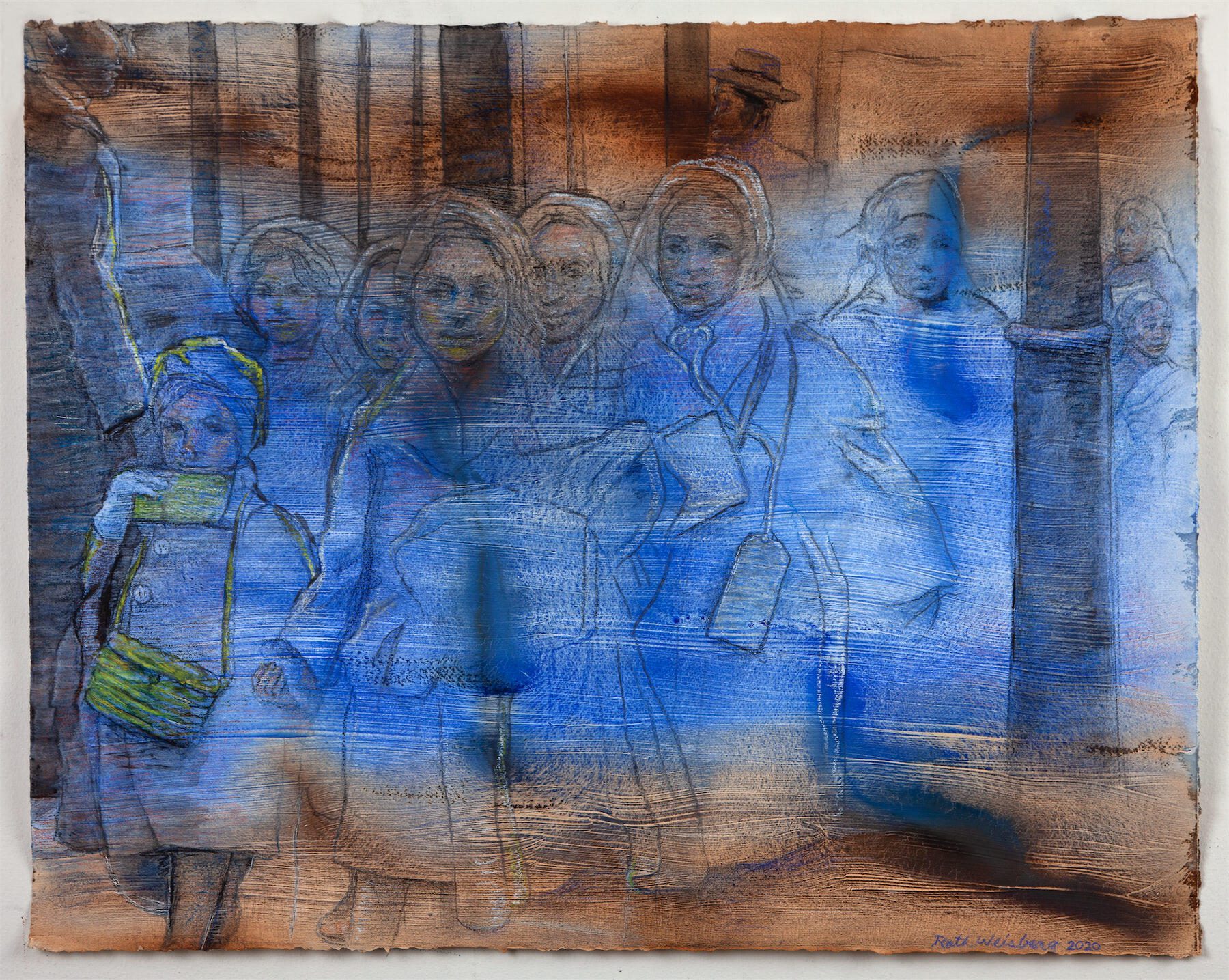 Image of a print by Ruth Weisberg, showing a group of young women in coats and headscarfs. The image is layered with bands of color, notably a blue field that covers the figures completely.