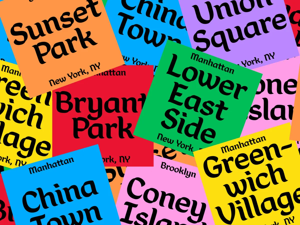 Collage of bright, primary colored squares with text containing names of New York neighborhoods.