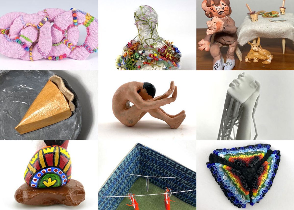 Nine small-scale sculptures are shown in a single image.