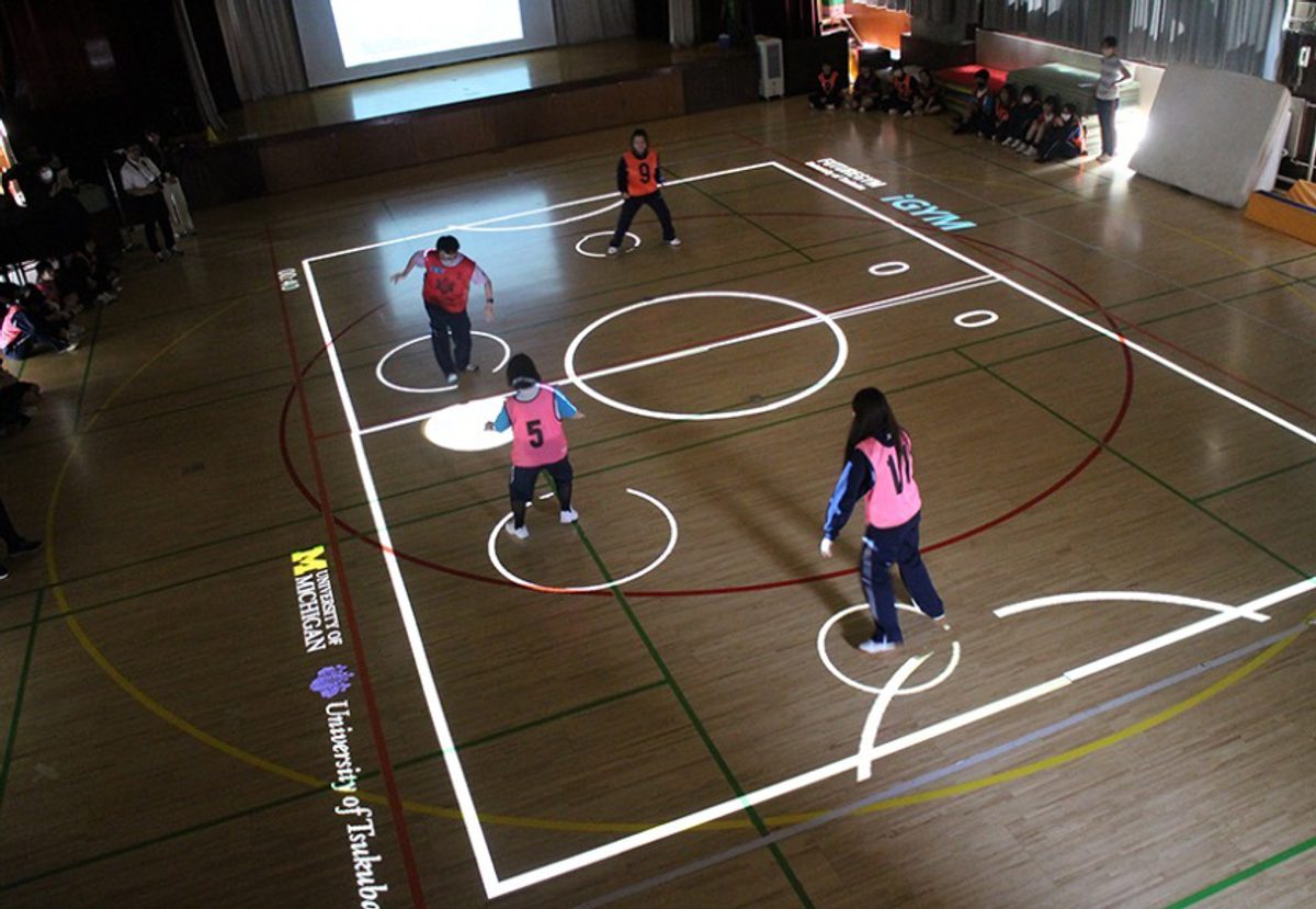 The pictures shows how augmented reality is used for a the iGYMFUTUREGYM international collaboration to bring inclusive play to all children.