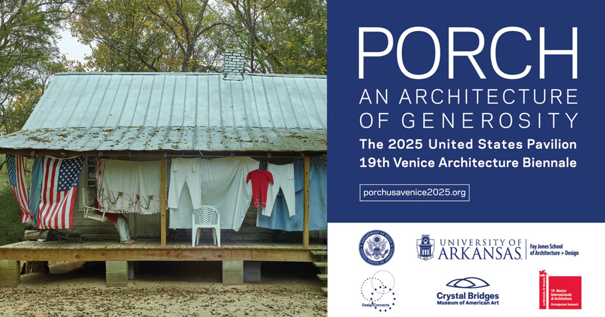 Image of a rural porch, with laundry hung on a line. The text reads PORCH AN ARCHITECTURE OF GENEROSITY