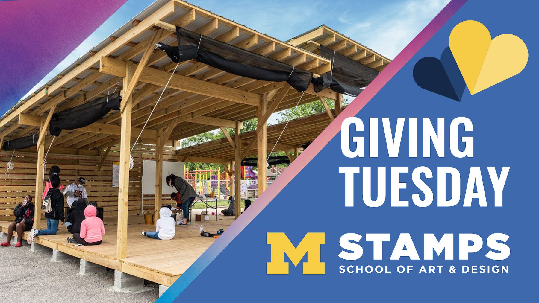Photo of students under Giving Tuesday pavilion with the text Giving Tuesday / M Stamps School of Art & Design