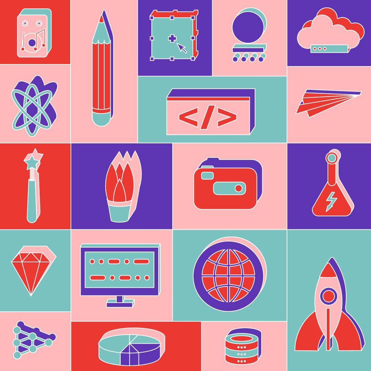 brightly colored grid of cartooned icons showing tools of a developer and designer's trade: pencils, compter screens, charts, and app icons.