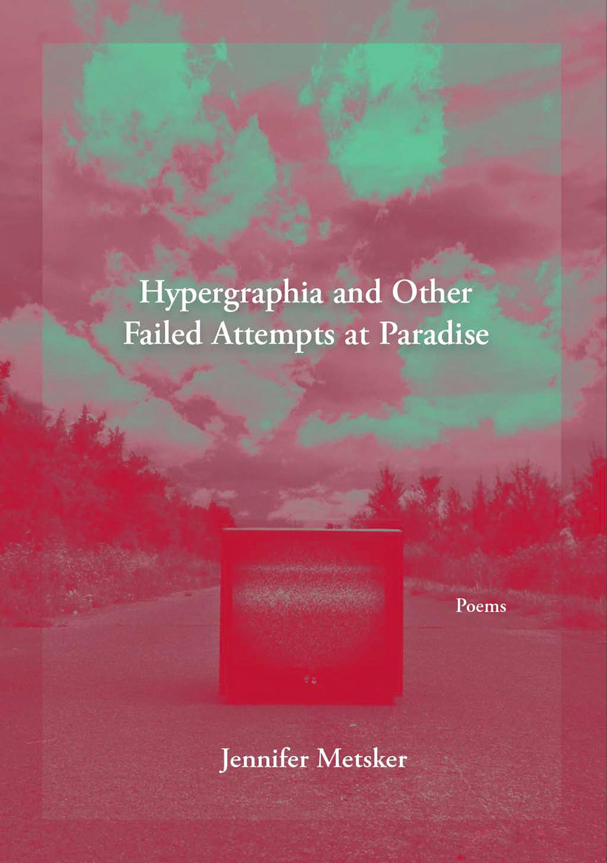 Cover of book shows tv in middle of road, surrounded by trees and clouds
