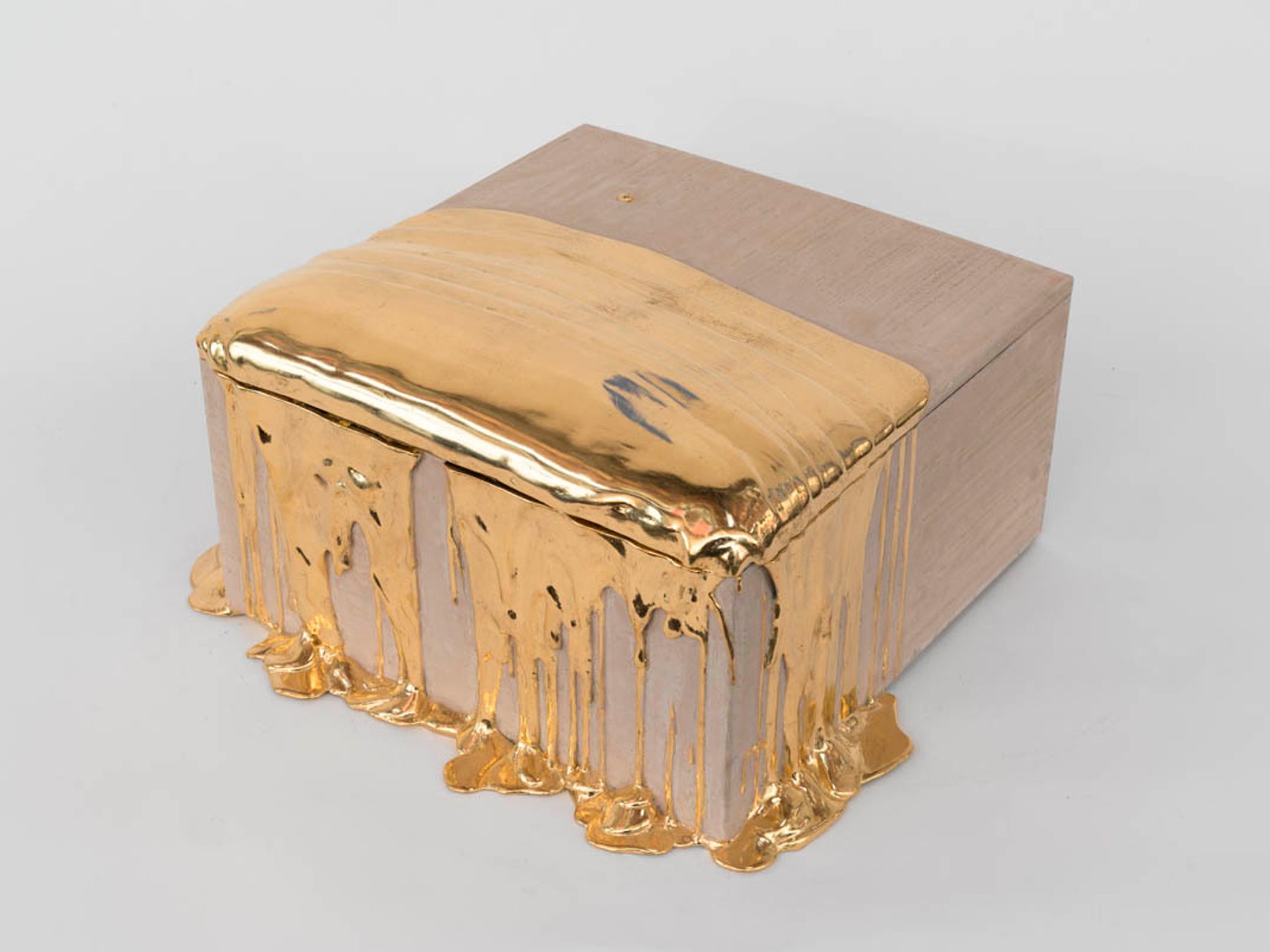 Nancy Lorenz, Red Gold Pour Box, 2017. Red gold leaf, gesso, pigment,