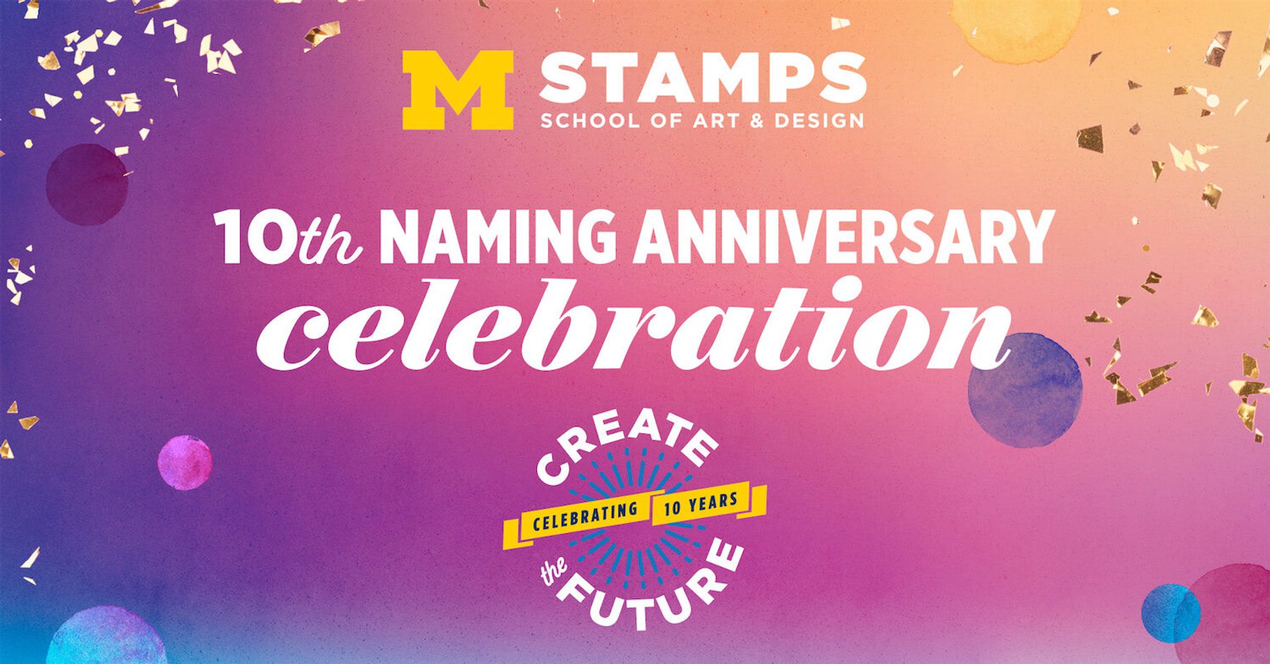 Text reads 10th Naming Anniversary Celebration, with Stamps logo on colorful background