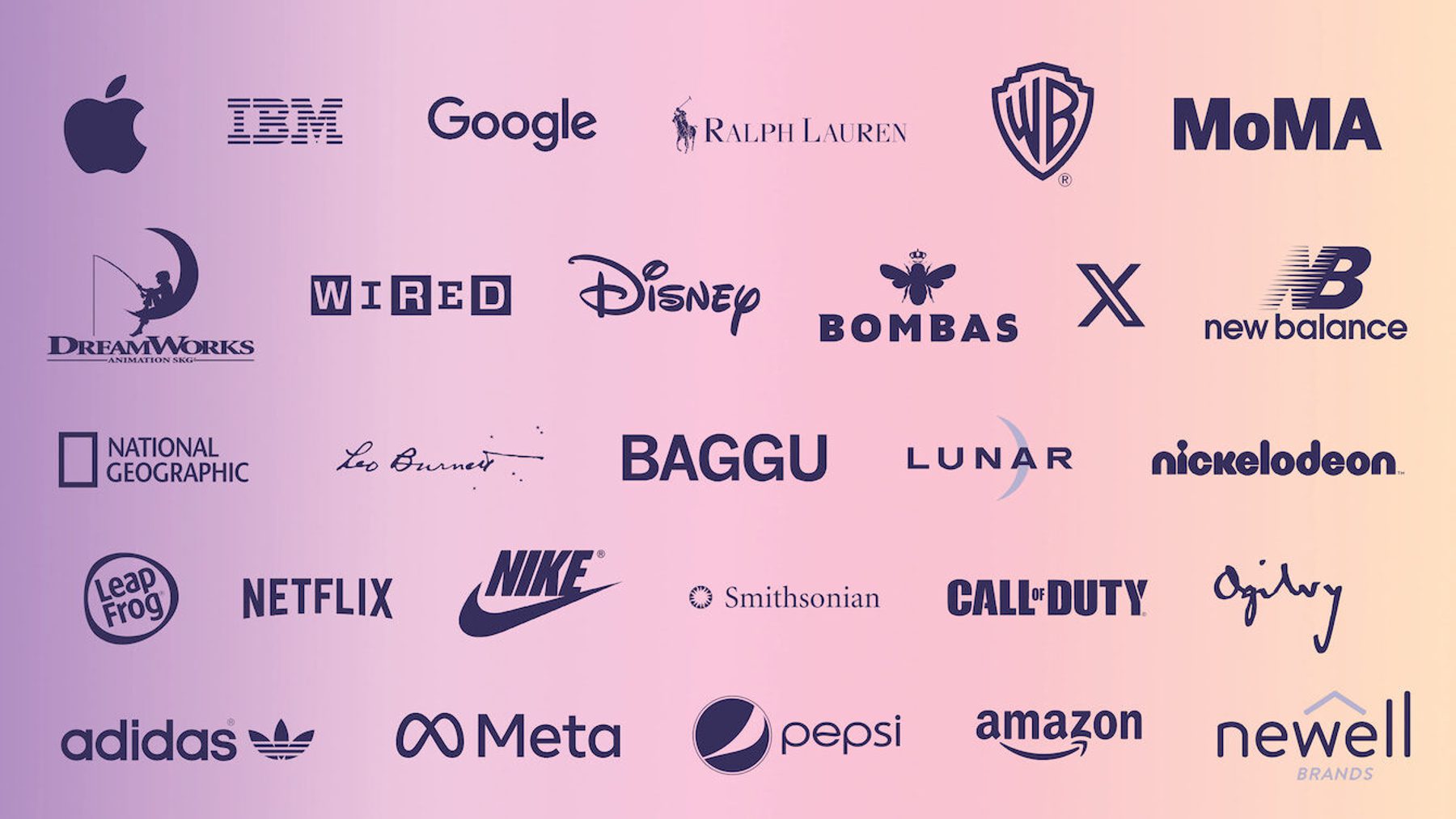 An image showing the logos of companies, including Apple, Twitter, Google, IBM, Ralph Lauren, Nike, Disney, and Netflix.